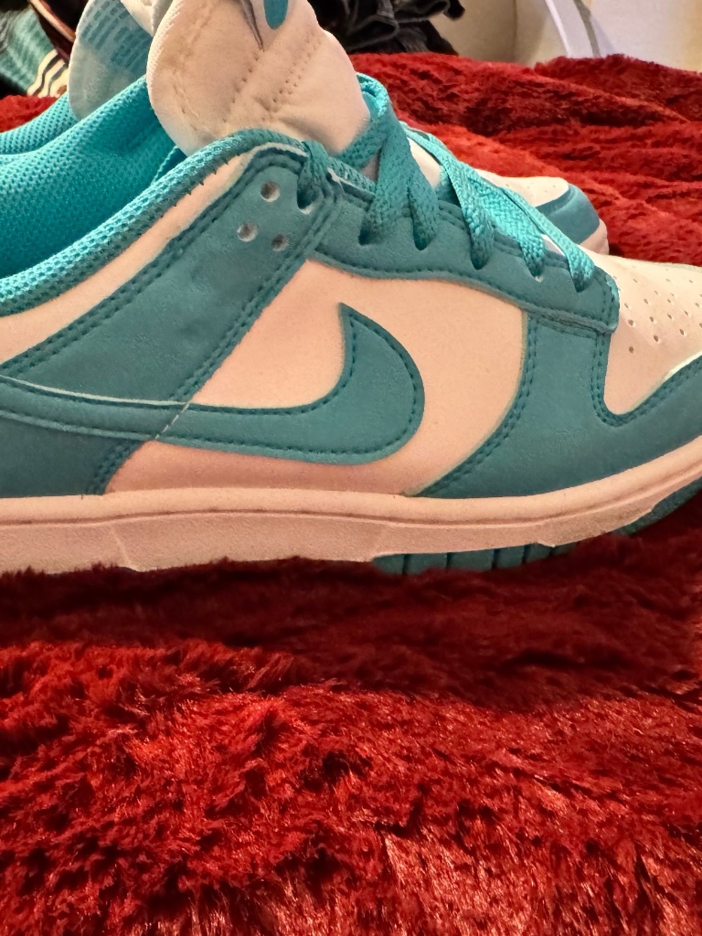 Nike Dunk Low Turquoise White Lace Up Low Top Basketball Sneakers.
